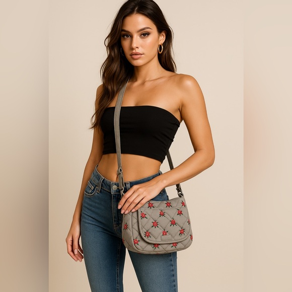 Carson Shoulder Bag In Grey Denim With Embroidered Flowers - Picture 2 of 11